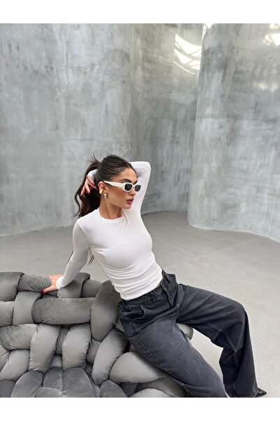 veres Γυναικεία λευκή βαμβακερή μακρυμάνικη λαιμόκοψη Basic μακριά μπλούζα