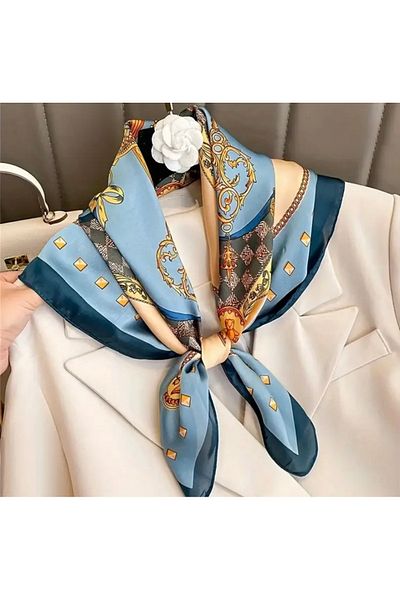 Accessories Vanilla Avenue Luxury Light Blue Vintage Printed Silk Look Square Scarf Kerchief Women Accessory