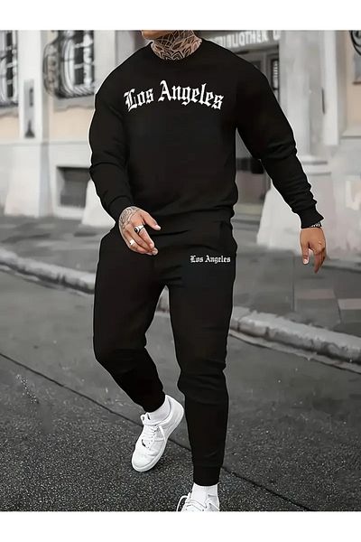 Pink Sky طقم سويت شيرت بغطاء للرأس مطبوع عليه حروف لوس أنجلوس
