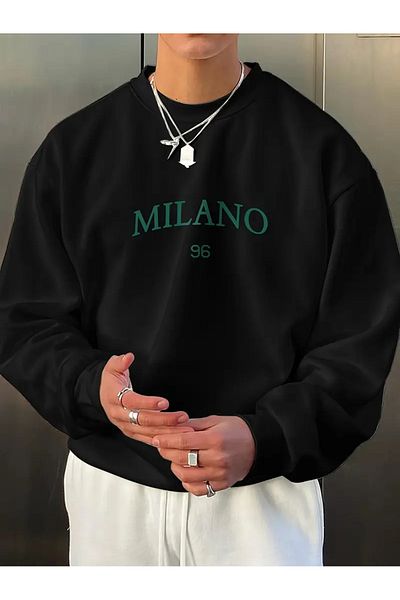 Pink Sky Milan 96 Printed Black Crew Neck Sweatshirt Oversize Unisex Thick Winter
