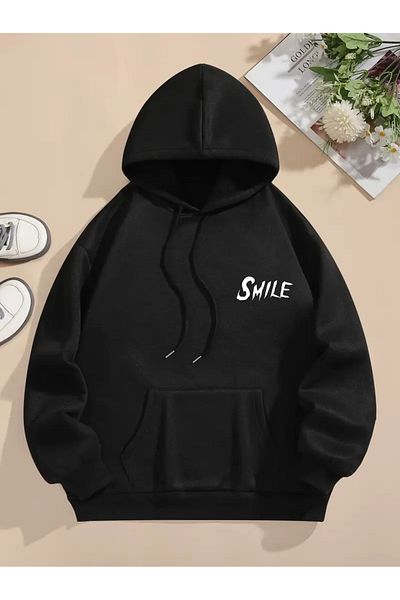 Pink Sky Μαύρο SMILE εμπριμέ φούτερ με κουκούλα Oversize - Unisex Χοντρό Χειμώνα