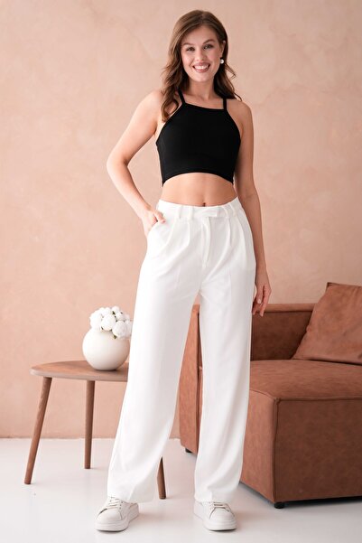 WOMAN VISION Жіночі еластичні крепові штани з широкими штанинами, застібкою-блискавкою, білі 002