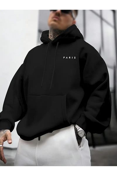 Pink Sky Μαύρο φούτερ με κουκούλα Paris Printed Unisex Oversize - Χοντρό χειμώνα