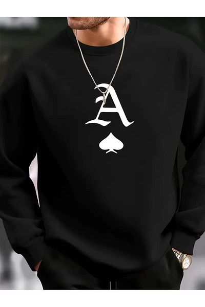 Pink Sky Letter a Printed Black Crew Neck Sweatshirt Oversize Unisex Thick Winter
