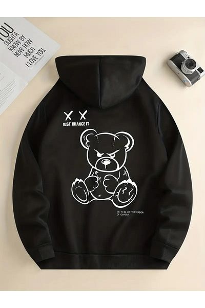 Pink Sky Μαύρο φούτερ με κουκούλα - Bear printed, Oversize Unisex, Χοντρό χειμώνα