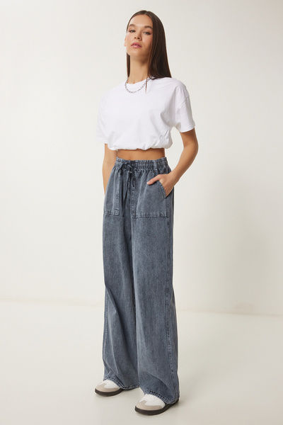 Lovelyİstanbul Denim Palazzo Trousers with Wide Leg and Pale Effects - Anthracite Lmx0071
