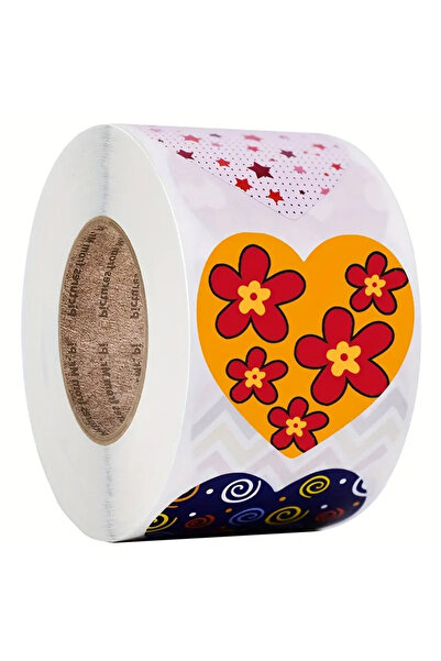 hdcw 500 ADET 2.5cm RULO YAPIŞKANLI RENKLİ DESENLİ KALP STICKER ETİKET HEDİYE PAKETLEME