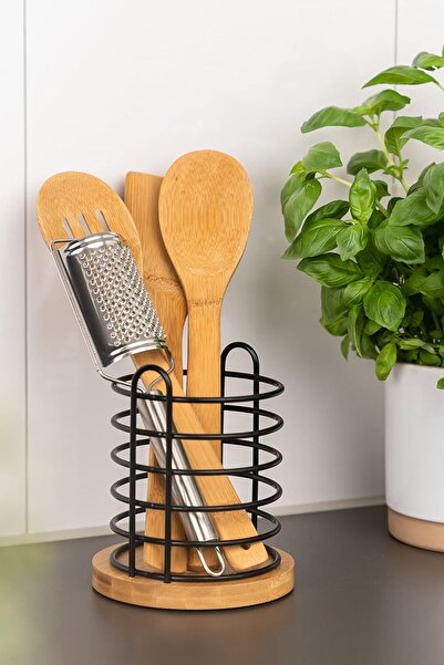 Meturas Black Metal Kitchen Tool and Cutlery Holder with Decorative Bamboo Ba...