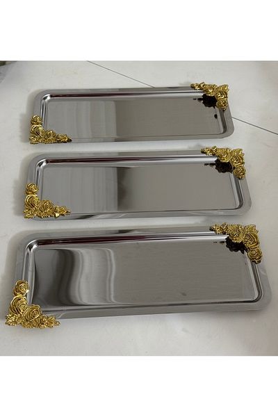 SEVA ÇELİK صينية تقديم مستطيلة الشكل من الفولاذ مع 3 قطع من الملحقات الذهبية