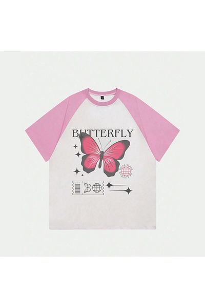 Gofeel Λευκό Unisex Ροζ Raglan Butterfly T-Shirt