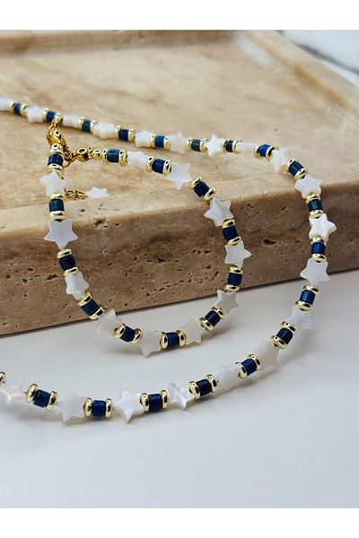 By Song Aksesuar Star Mother of Pearl and Lapis Lazuli Natural Stone Necklace Bracelet Set