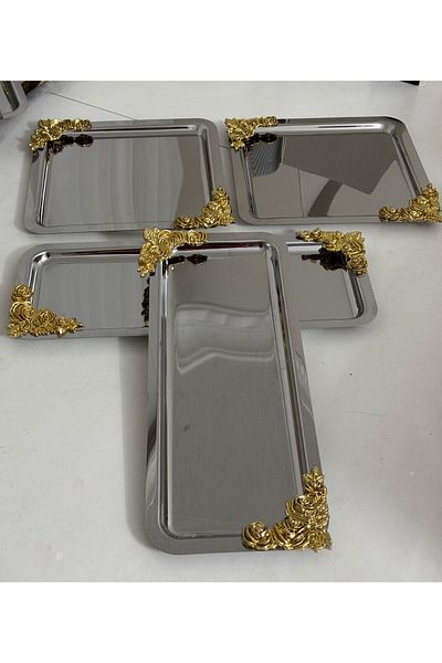 SEVA ÇELİK Steel 2 Pieces Square 2 Pieces Rectangular Gold Accessory Presentation Table