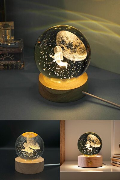 Yu Su Tools Ay ve Astronot Temalı 7 Renk Değiştiren Işıklı Cam Küre, Dekoratif ve Sevimli Gece Lambası Hediyesi!