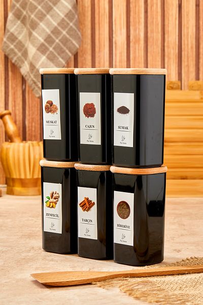 FBZhome 6-Piece Wooden Bamboo Lid 300 ml Mica Storage Container Spice Rack with Label