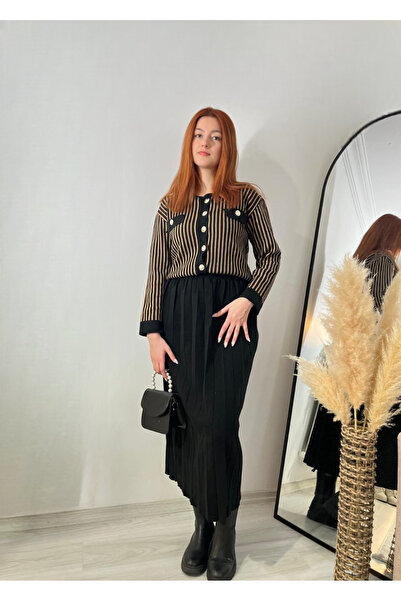 Butik Çizgili Hırka Piliseli Etek Triko Takım