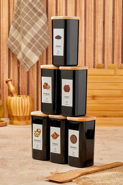 FBZhome 6-Piece Wooden Bamboo Lid 300 ml Mica Storage Container Spice Rack with Label