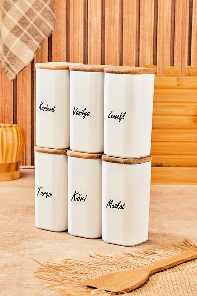 FBZhome 6-Piece Wooden Bamboo Lid 300 ml Mica Storage Container Spice Rack with Label