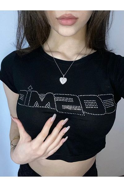 Gofeel Women's Crop Bodysuit with Black Glitter Stones Cosmic Writing