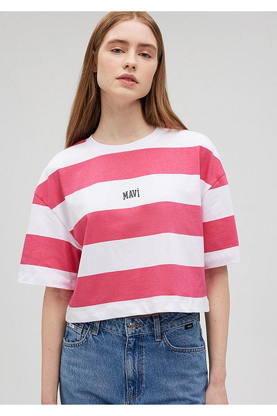 Mavi Rosa gestreiftes, kurzes T-Shirt mit Logo-Aufdruck - Short Cut1612229-86701