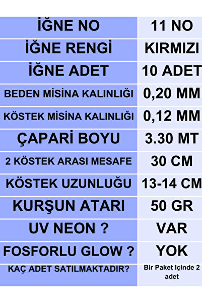 ea genset İstavrit Gece Çaparisi 20x12 Beden İnce 50gr Uv Neon Turuncu Sim 11 No 10 Kırmızı İğne 2li Paket