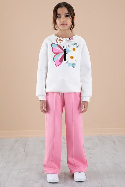 Cansın Mini Ecru Butterfly Embroidery Lace Collar Raster Girls' Tracksuit Set 20240