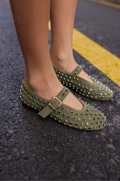ANGELİNA JONES Gallo Women's Green Real Suede Full Stone Shoes
