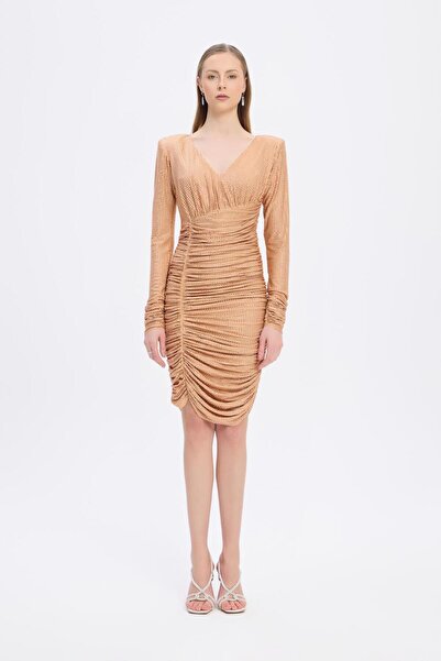 CENGIZ AKTURK Drapeli Taşlı V Yaka Mini Abiye Elbise - 1017C