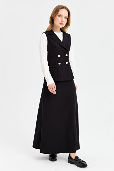 Esswaap Denizci Düğmeli Bluz Yelek Etek Takım  Siyah