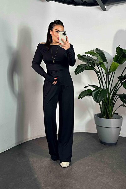 Butik Gardrop Fekete modális öltöny - Drapéria blúz és nadrág