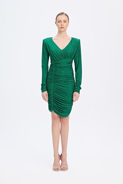 CENGIZ AKTURK Drapeli Taşlı V Yaka Mini Abiye Elbise - 1017C