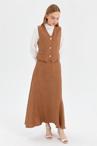 Esswaap Camel Vest and Skirt Blouse Set