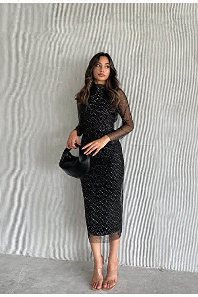 sarebutik Μαύρο ασημί πουά - ντραπέ μίντι γυναικείο βραδινό φόρεμα με τούλινα μανίκια και φόδρα