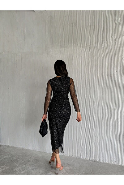 sarebutik Μαύρο ασημί πουά - ντραπέ μίντι γυναικείο βραδινό φόρεμα με τούλινα μανίκια και φόδρα