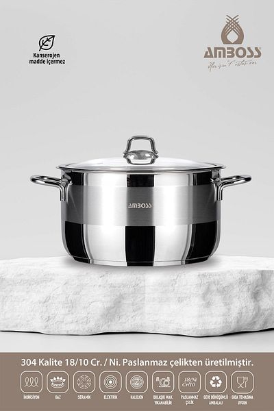 Amboss Ambos Saphire Stainless Steel Deep Pot with Glass Lid 22 cm