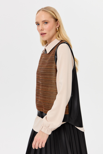 Esswaap Hasır Desen Süeterli Pliseli Deri Etekli 3'lü Takım Siyah