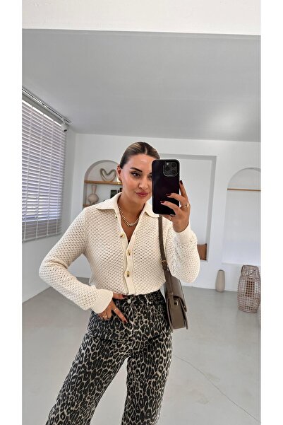 Sezgi Tekin Polo Neck Bone Button Detail Honeycomb Textured Ecru Cardigan