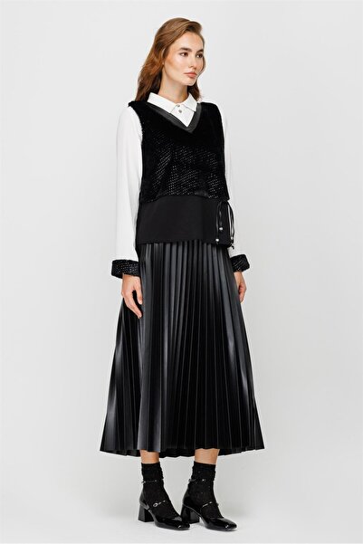 Esswaap Kürk Süeter Detaylı Tunik Etek Süeter Takım Siyah