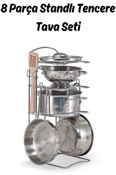 welcomein Toy 8 Piece Steel Pot Pan Set with Shelf and Stand