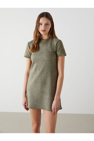 LC Waikiki Γυναικείο φόρεμα LCW Comfort Khaki με λαιμόκοψη και πέτρες