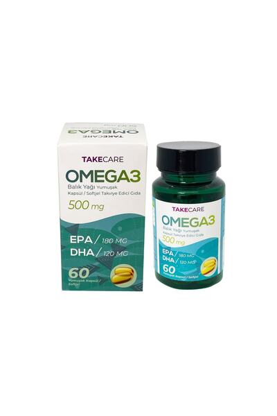TakeCare Omega 3 Balık yağı fish oil 500 mg 60 adet Softjel Yumuşak Kapsül takviye gıda EPA DHA
