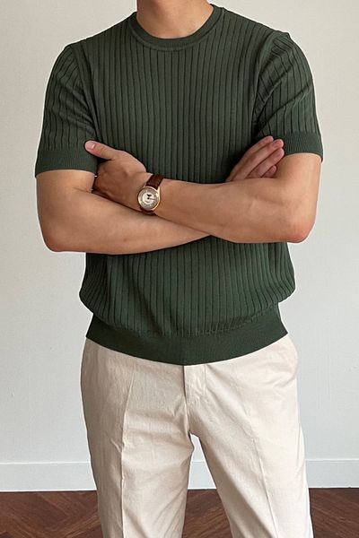 Tarz Cool Men's Khaki Ribbed Slim Fit Crew Neck Knitwear T-Shirt