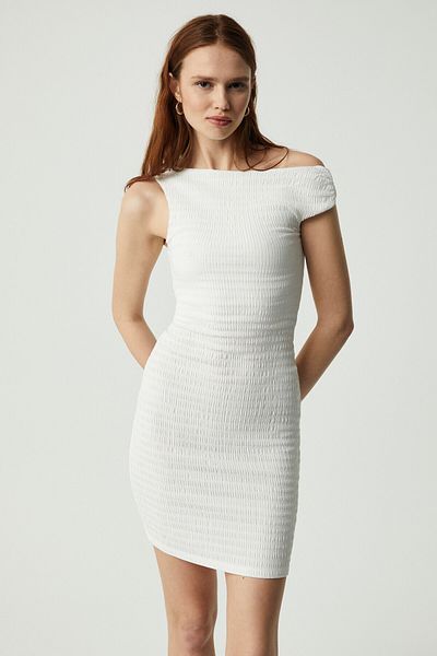 GRIMELANGE Innsa Women's One Shoulder Bodycon Ecru Dress with Wrap 3D Fabric