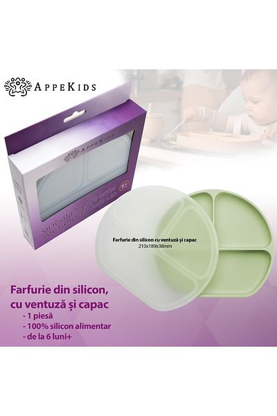 OEM Farfurie compartimentata din silicon cu ventuza si capac, AppeKids - Raw Green