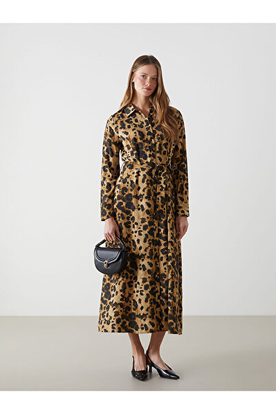 LC Waikiki Lcw Vision Brown Leopard Pattern Women's Shirt Dress with Nevavm D...