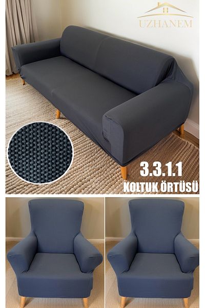 uzhanem Anthracite Sofa Cover and Honeycomb Pattern Sofa Cover Set - 3.3.1.1