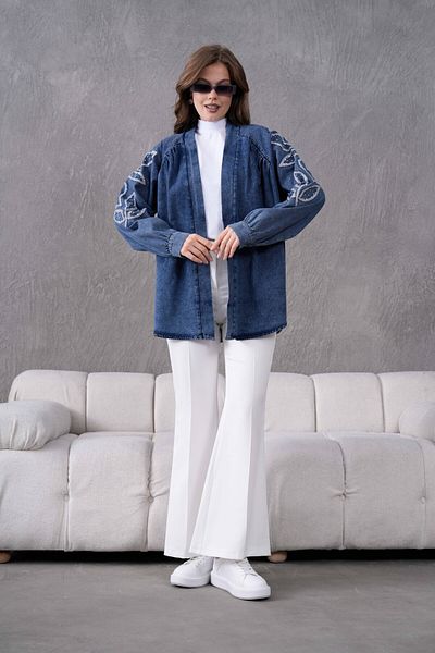 Miss Allos Jachetă kimono din denim pentru femei, cu spate și mâneci, broderie cu paiete și piatră