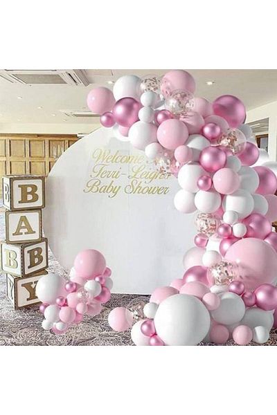 Parti Dükkanım Pink - White Birthday Balloon Decoration Set