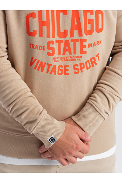 OMBRE Pánská rozepnutá mikina s kolegiálním potiskem - písková V1 OM-SSPS-0154 M