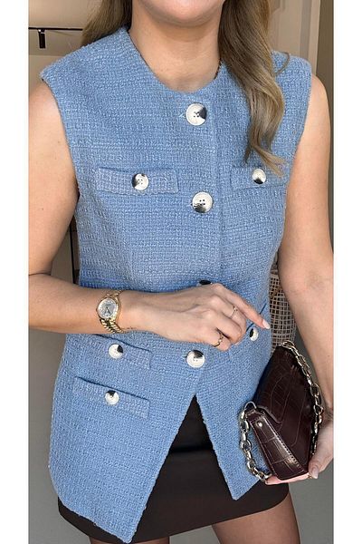 Sezgi Tekin Pocket Detail Long Turquoise Tweed Vest