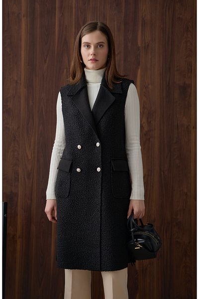 Fatma Atasoy Black Teddy Vest with Pearl Buttons
